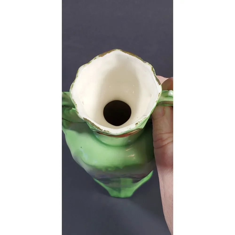 Vintage Green Floral Double Handle Made in Czechoslovakia Porcelain Vase Urn